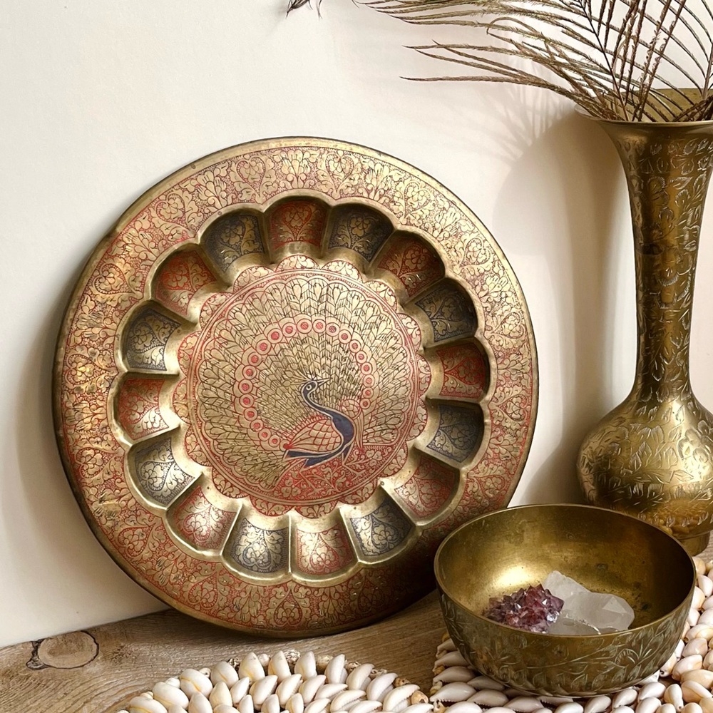 Decorative Brass Wall Plate with Peacock Design
